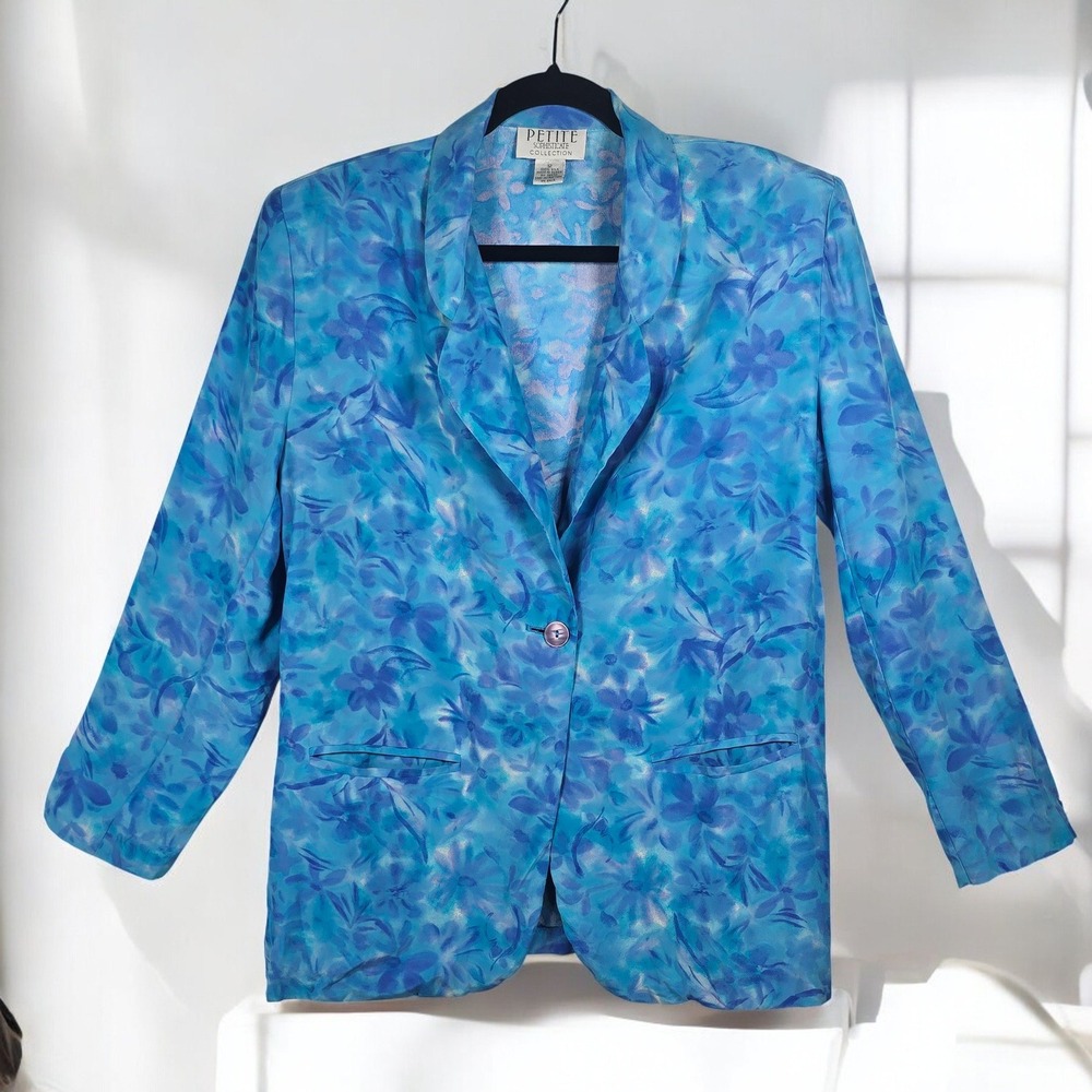 Petite Sophisticate Collection Blazer Women 12 Blue Floral 100% Silk Lightweight